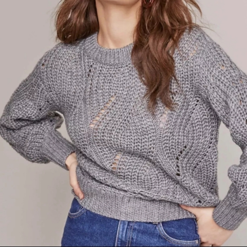 ASTR the Label Dora Pointelle Heather Grey Crew neck Knit Sweater puff sleeves